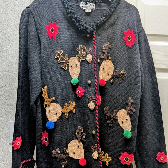 Festive Plush Reindeer Cardigan with Red Accents Jingle Bells. NWOT
